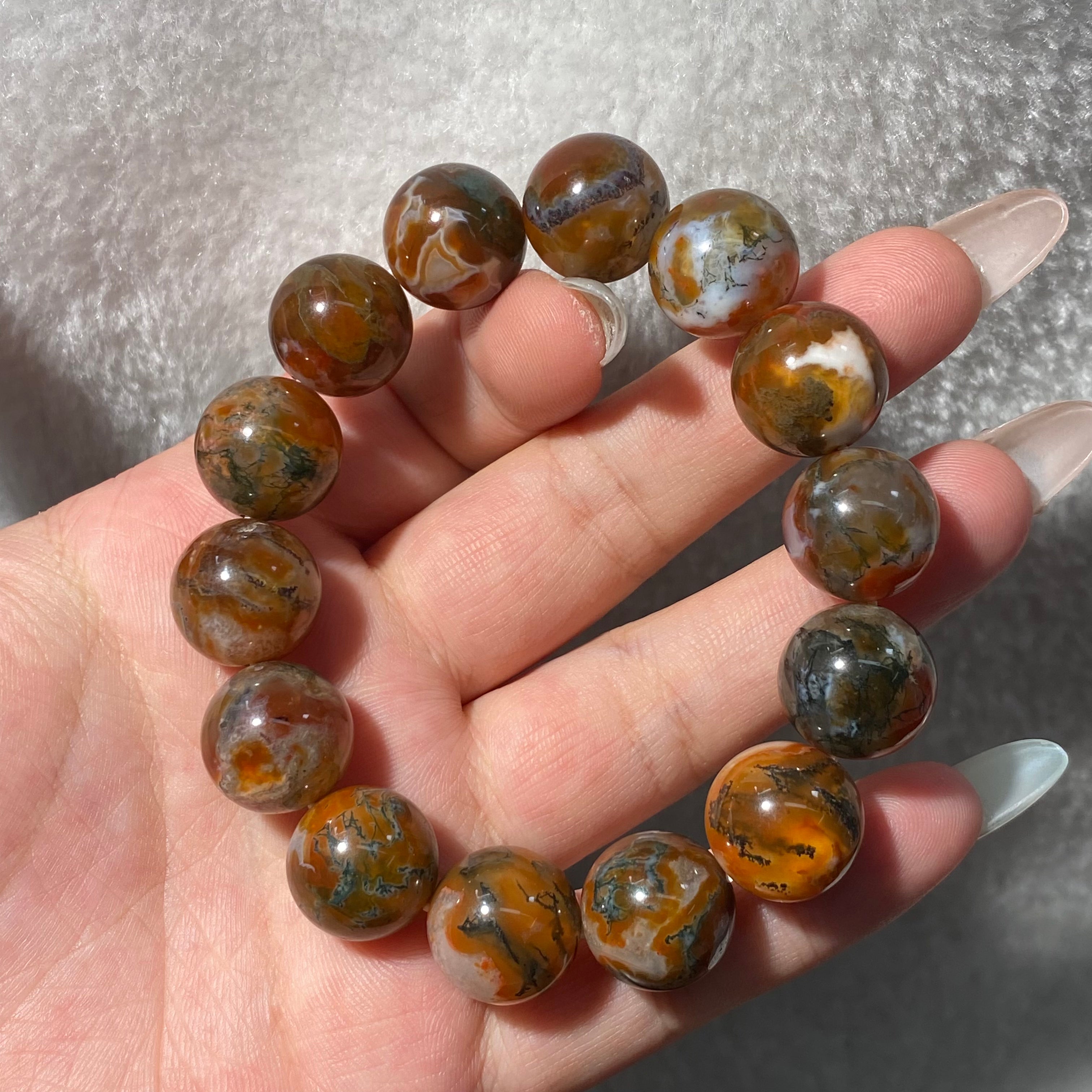 Natural Moss Agate Round Bead Stretch Bracelet, Bead Size 15.2mm, Fits 16cm Wrist