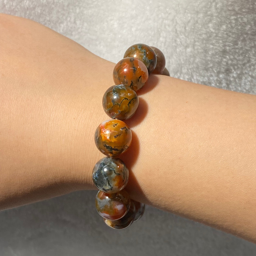 Natural Moss Agate Round Bead Stretch Bracelet, Bead Size 15.2mm, Fits 16cm Wrist