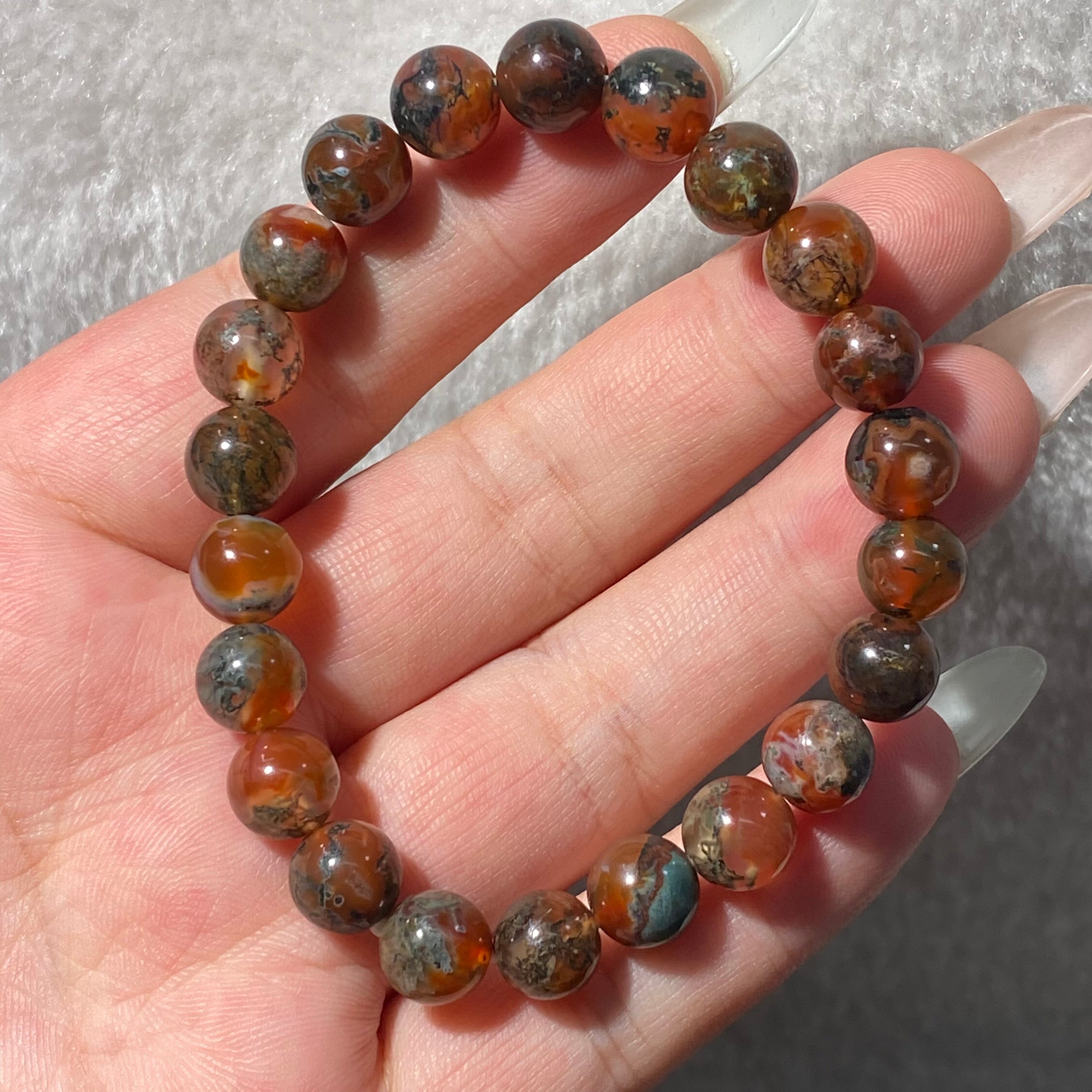 Natural Moss Agate Round Bead Stretch Bracelet, Bead Size 8.9mm, Fits 16cm Wrist