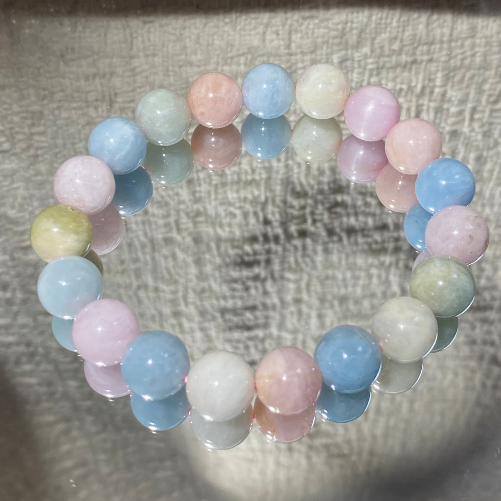 Morganite Multicolor Round Bead Bracelet, 10.2mm Beads, Fits 15.5cm Wrist
