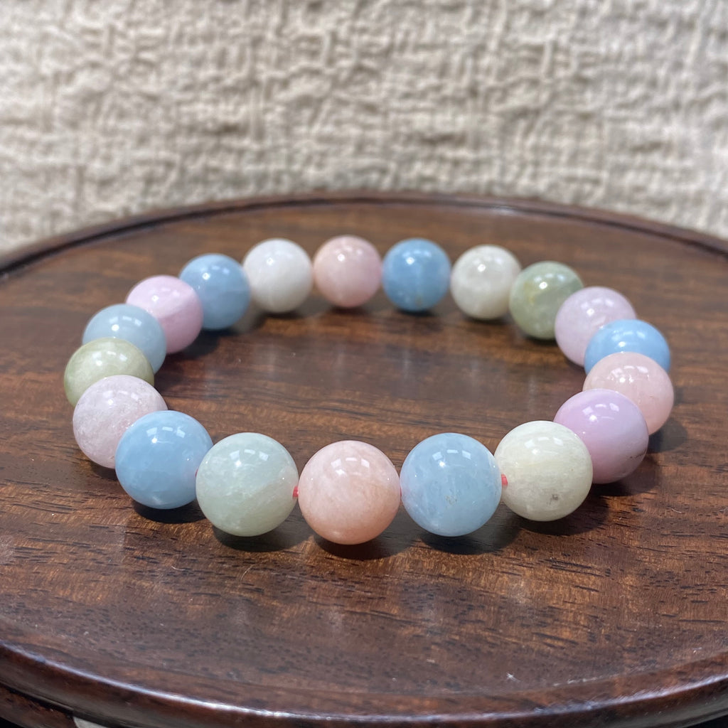 Morganite Multicolor Round Bead Bracelet, 10.2mm Beads, Fits 15.5cm Wrist