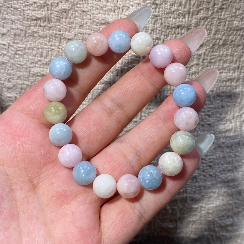 Morganite Multicolor Round Bead Bracelet, 10.2mm Beads, Fits 15.5cm Wrist