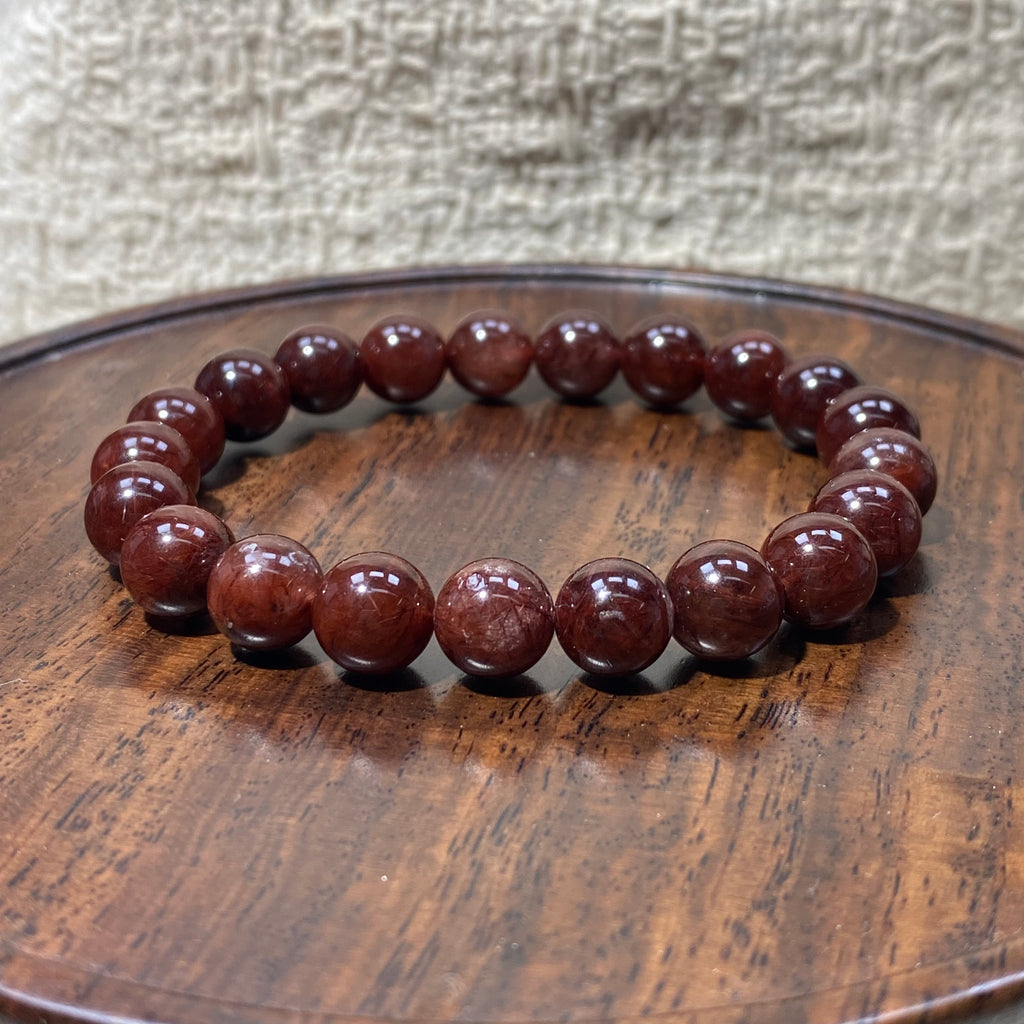 Natural Red Rabbit Fur Quartz Round Bead Bracelet, 9mm Beads, Fits 15.5cm Wrist