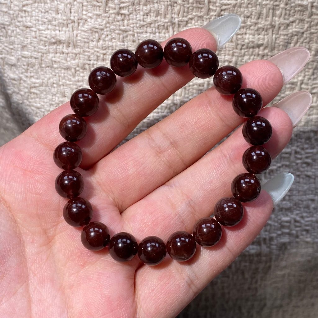 Natural Red Rabbit Fur Quartz Round Bead Bracelet, 9mm Beads, Fits 15.5cm Wrist