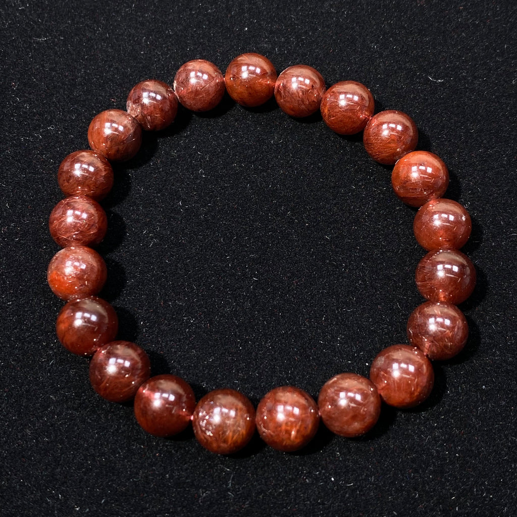 Natural Red Rabbit Fur Quartz Round Bead Bracelet, 9mm Beads, Fits 15.5cm Wrist