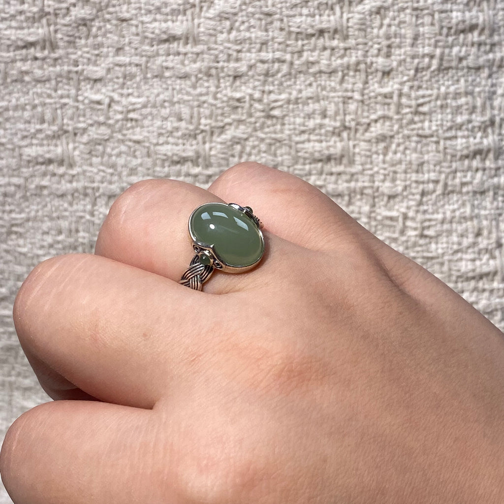 Natural Hetian Jade Light Green Oval S925 Adjustable Ring