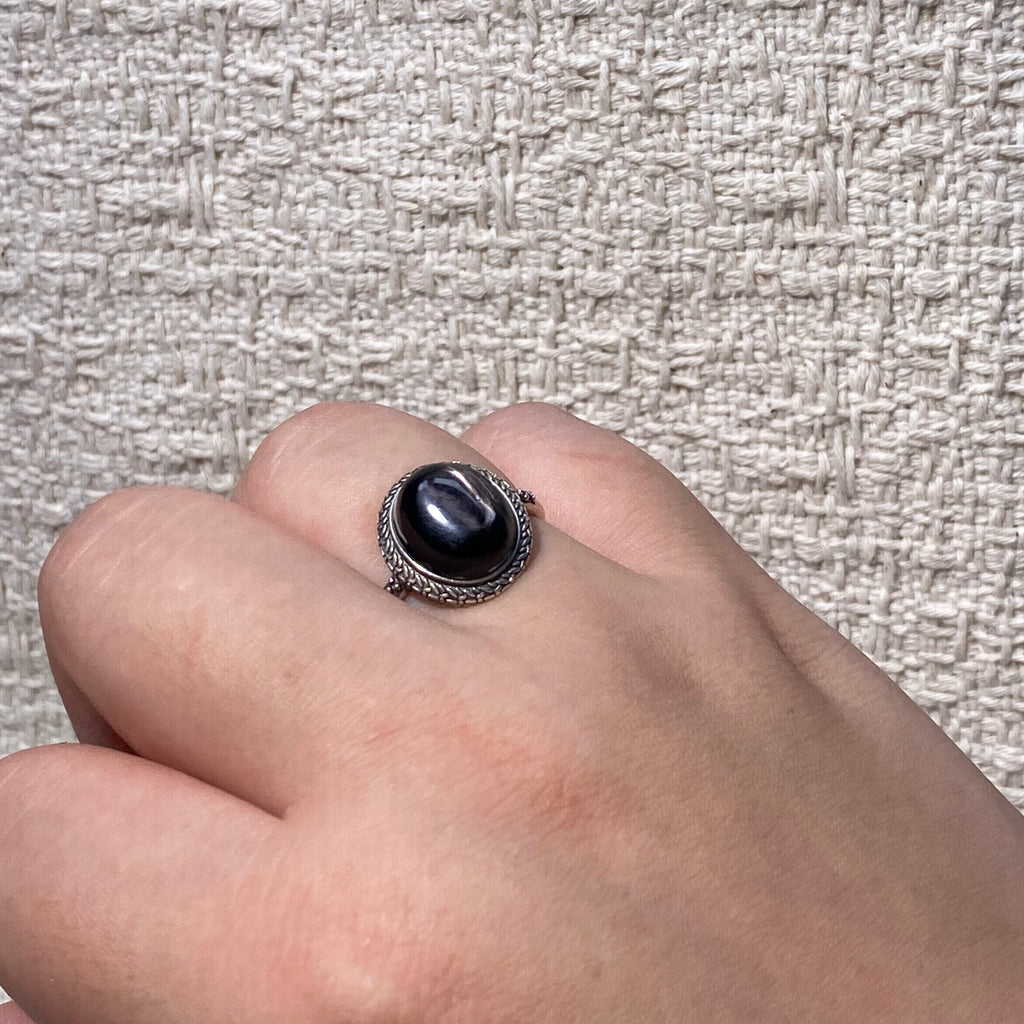 Natural Silver Sheen Obsidian Oval Vintage S925 Adjustable Ring