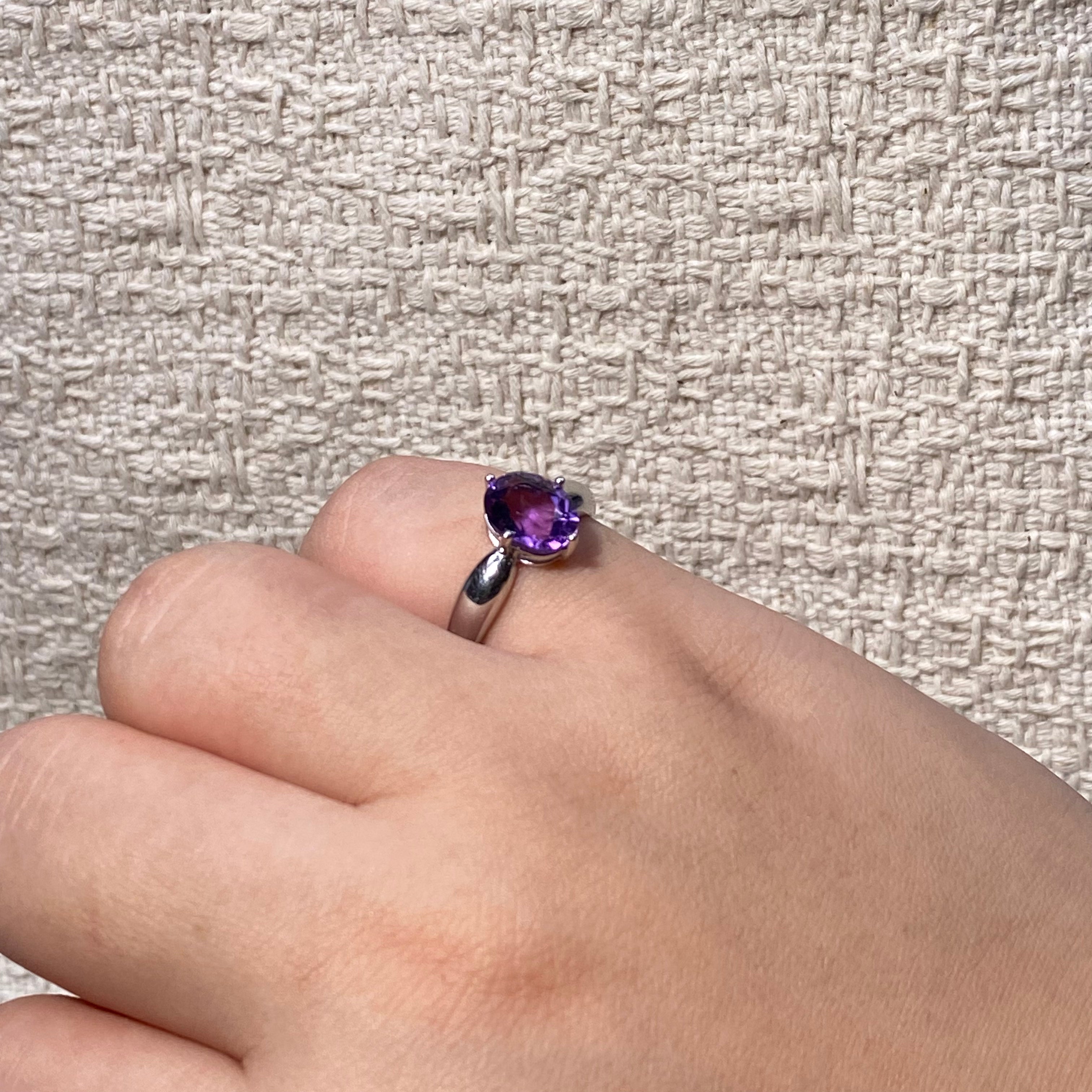 Natural Amethyst Oval Simple Silver Adjustable Ring