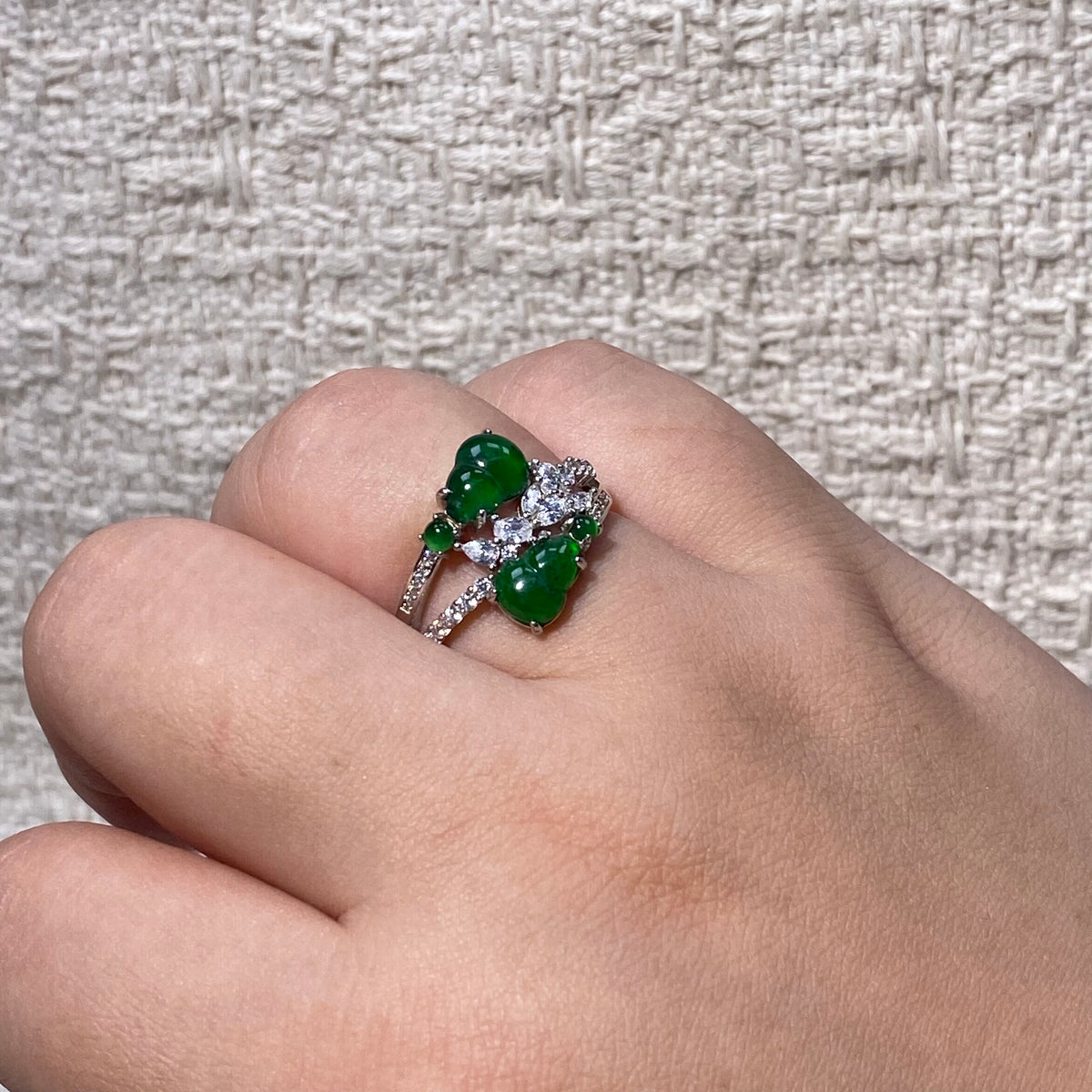 Natural Green Jade Gourd Diamond Inlaid Adjustable S925 Ring