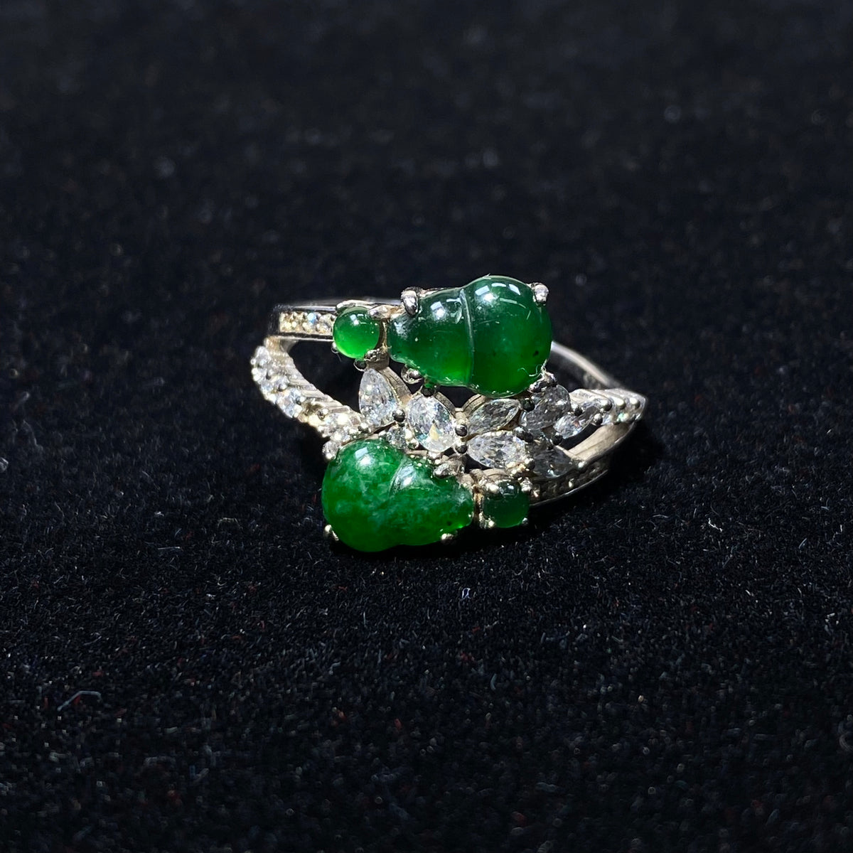Natural Green Jade Gourd Diamond Inlaid Adjustable S925 Ring