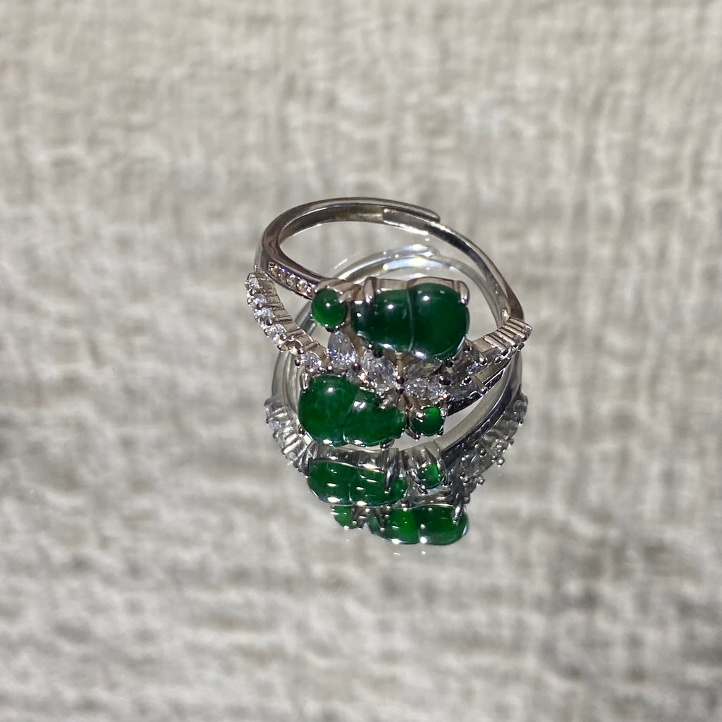 Natural Green Jade Gourd Diamond Inlaid Adjustable S925 Ring