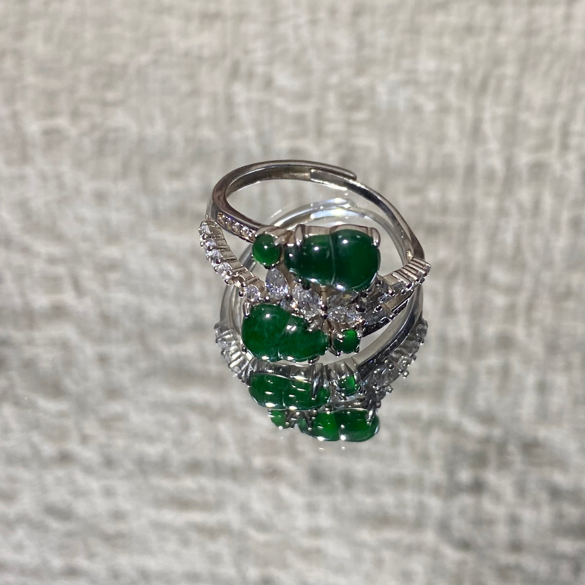 Natural Green Jade Gourd Diamond Inlaid Adjustable S925 Ring