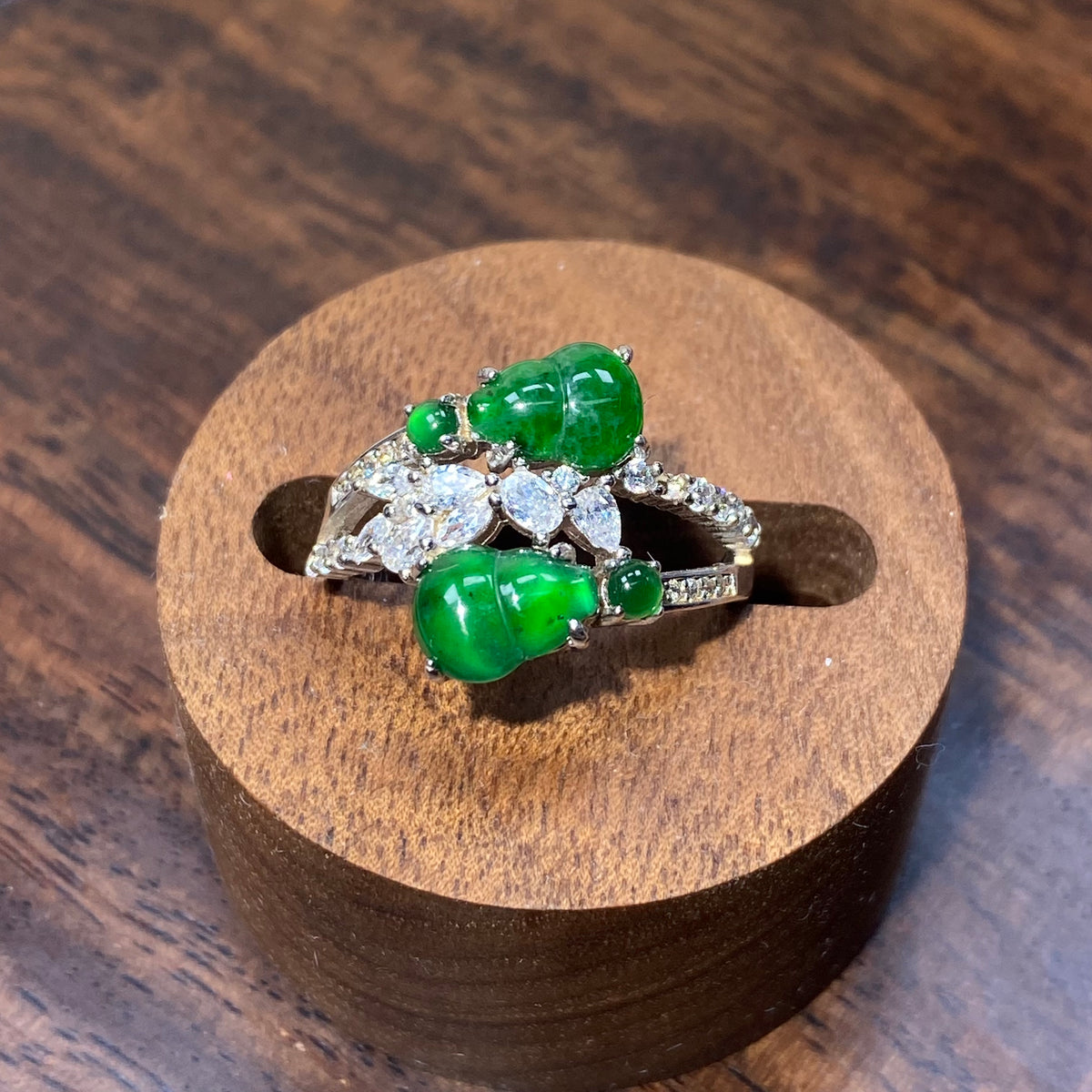 Natural Green Jade Gourd Diamond Inlaid Adjustable S925 Ring