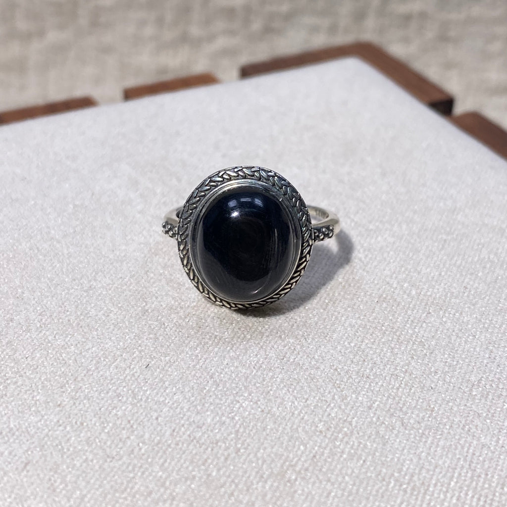 Natural Silver Sheen Obsidian Oval Vintage S925 Adjustable Ring