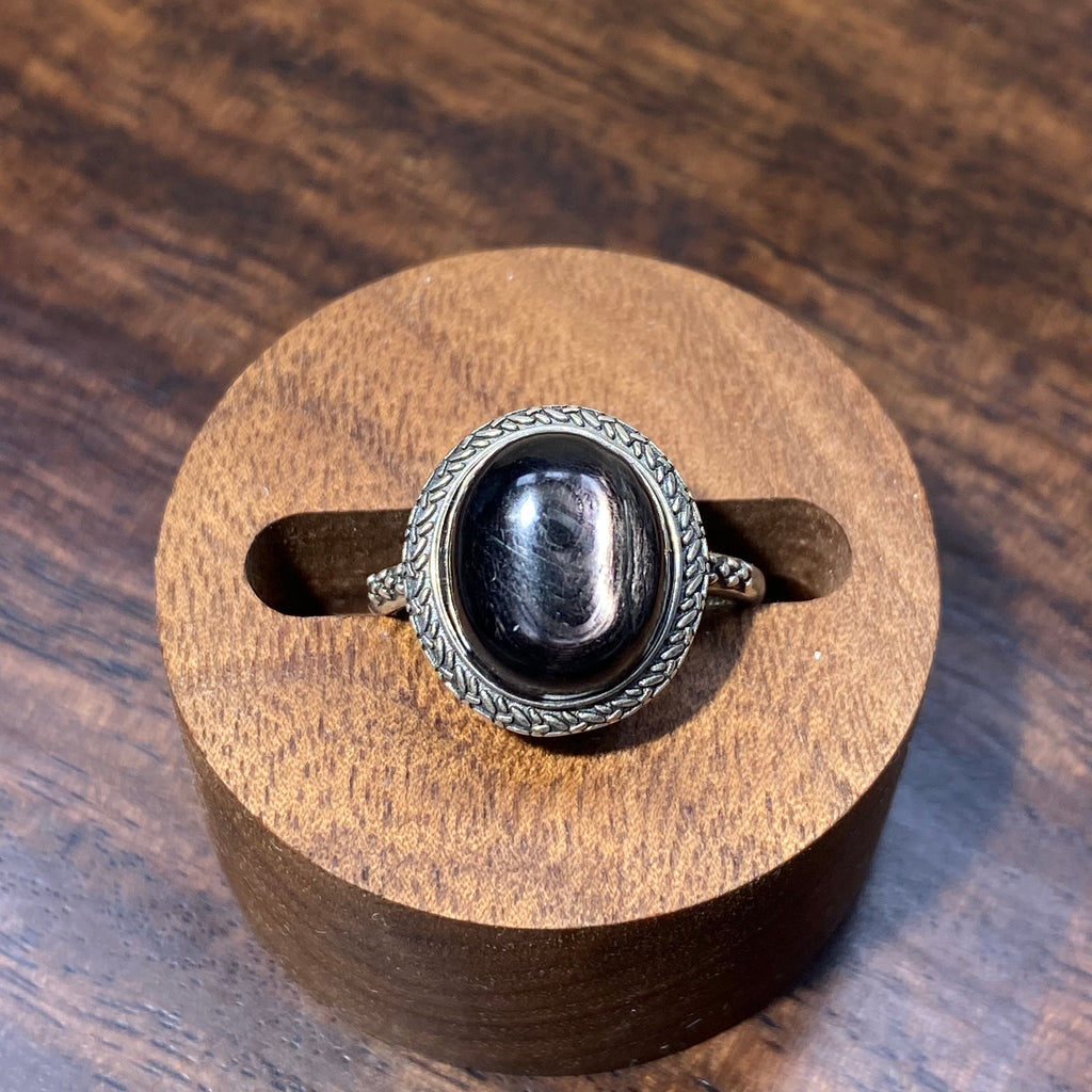 Natural Silver Sheen Obsidian Oval Vintage S925 Adjustable Ring