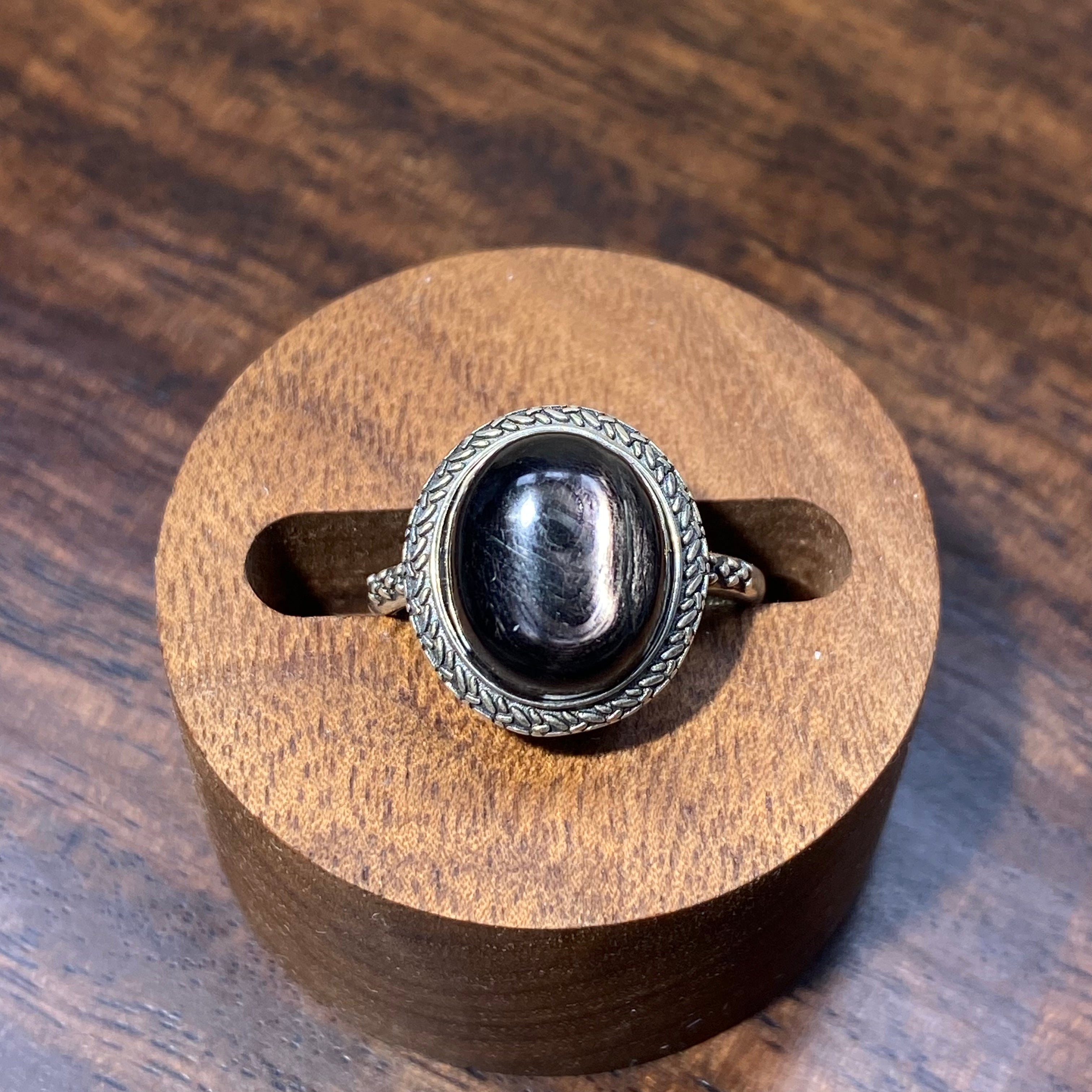 Natural Silver Sheen Obsidian Oval Vintage S925 Adjustable Ring