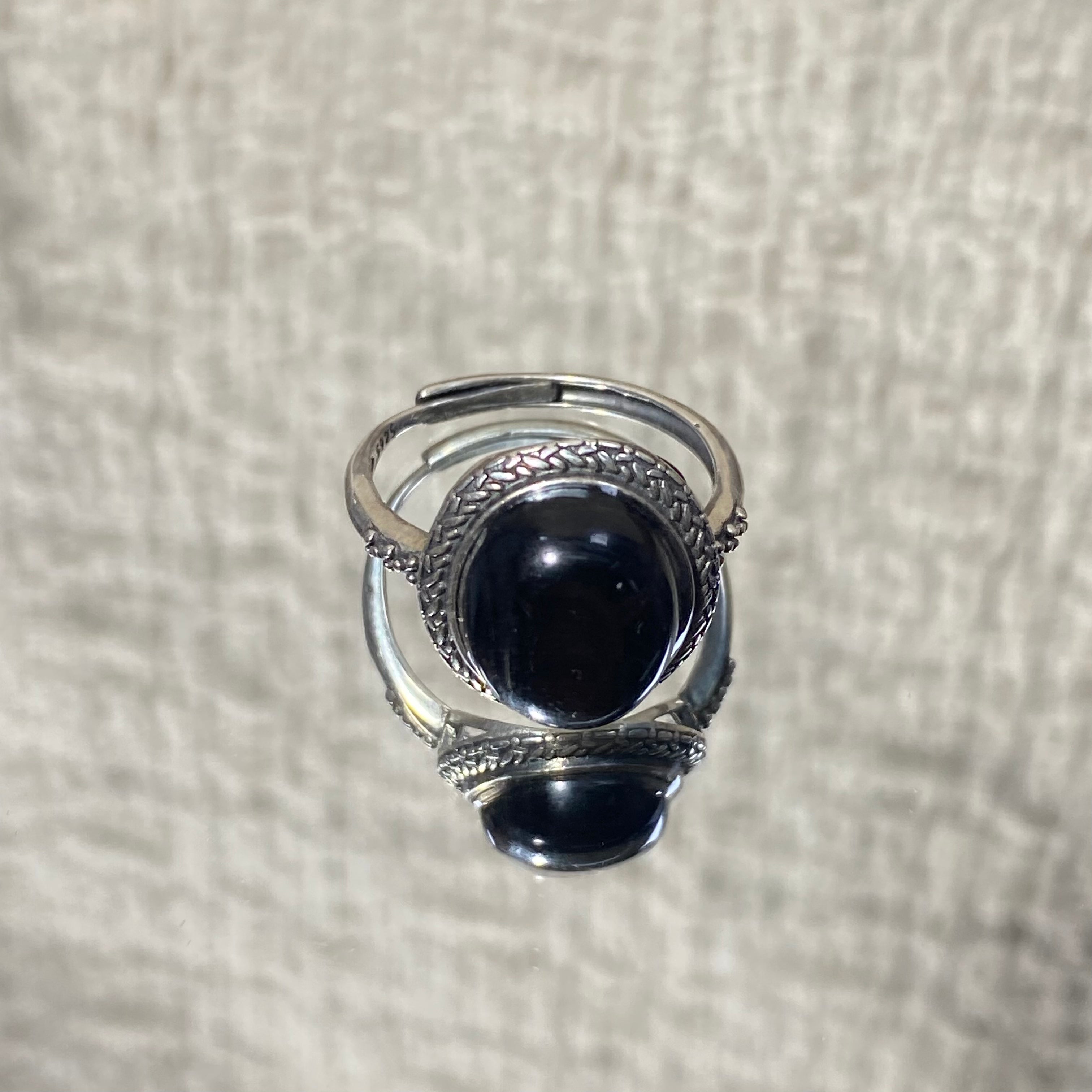Natural Silver Sheen Obsidian Oval Vintage S925 Adjustable Ring