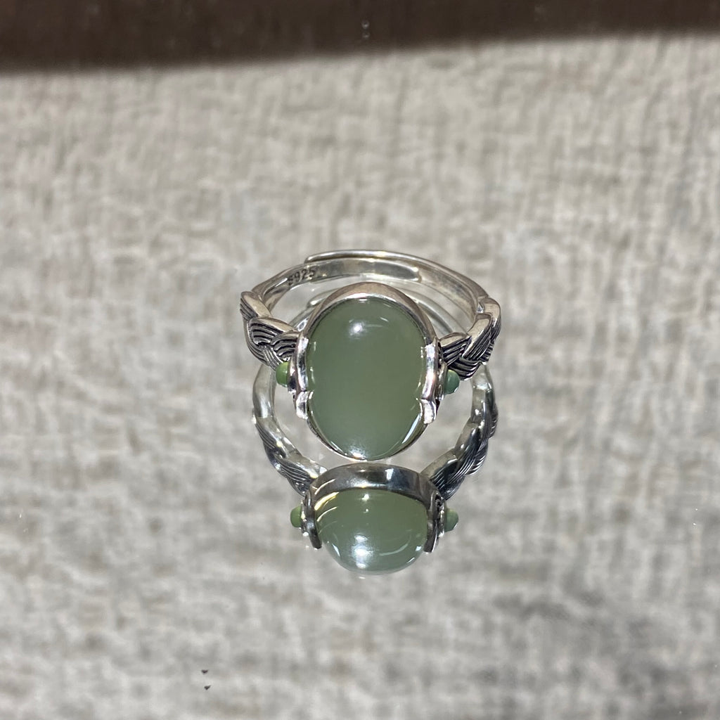 Natural Hetian Jade Light Green Oval S925 Adjustable Ring