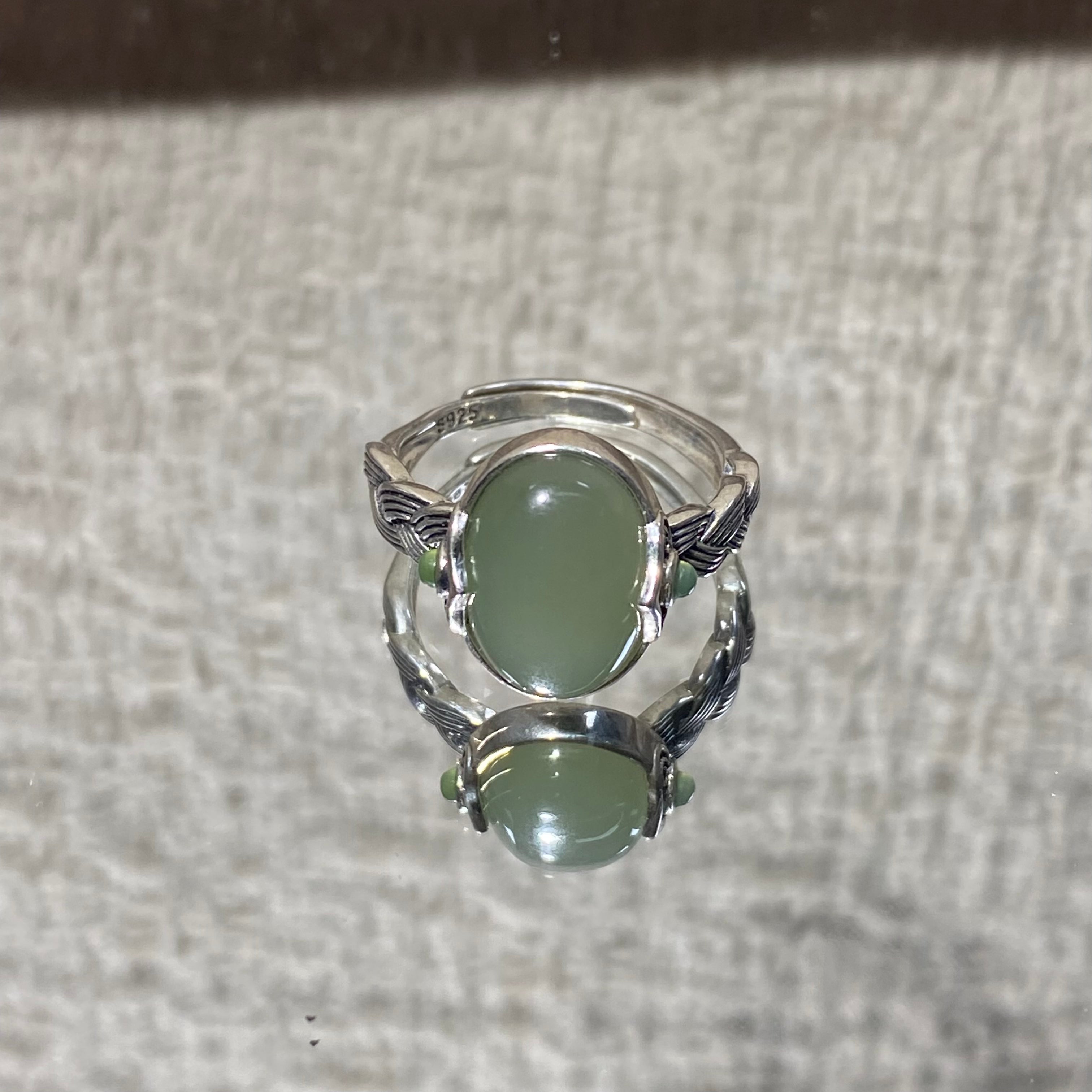 Natural Hetian Jade Light Green Oval S925 Adjustable Ring