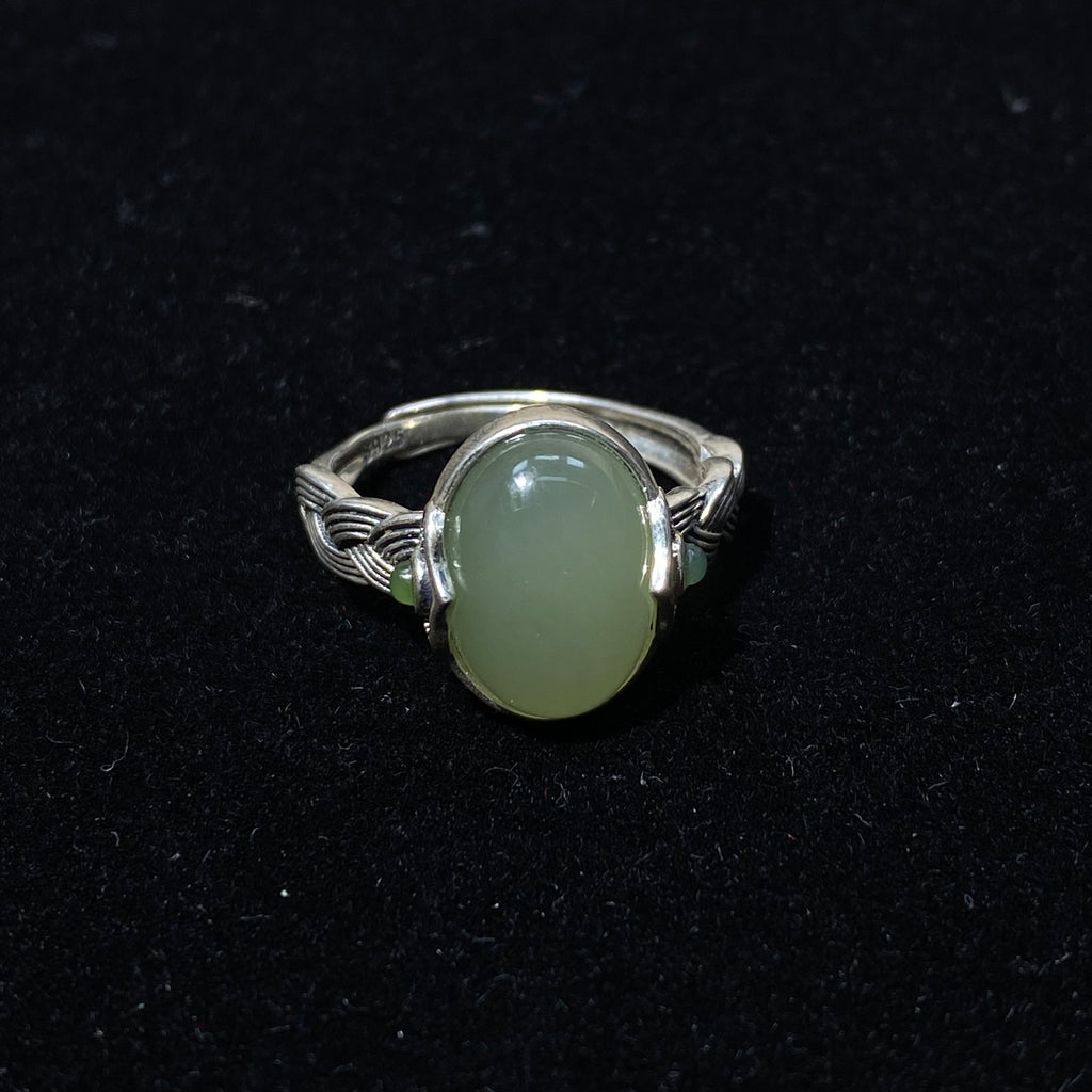 Natural Hetian Jade Light Green Oval S925 Adjustable Ring