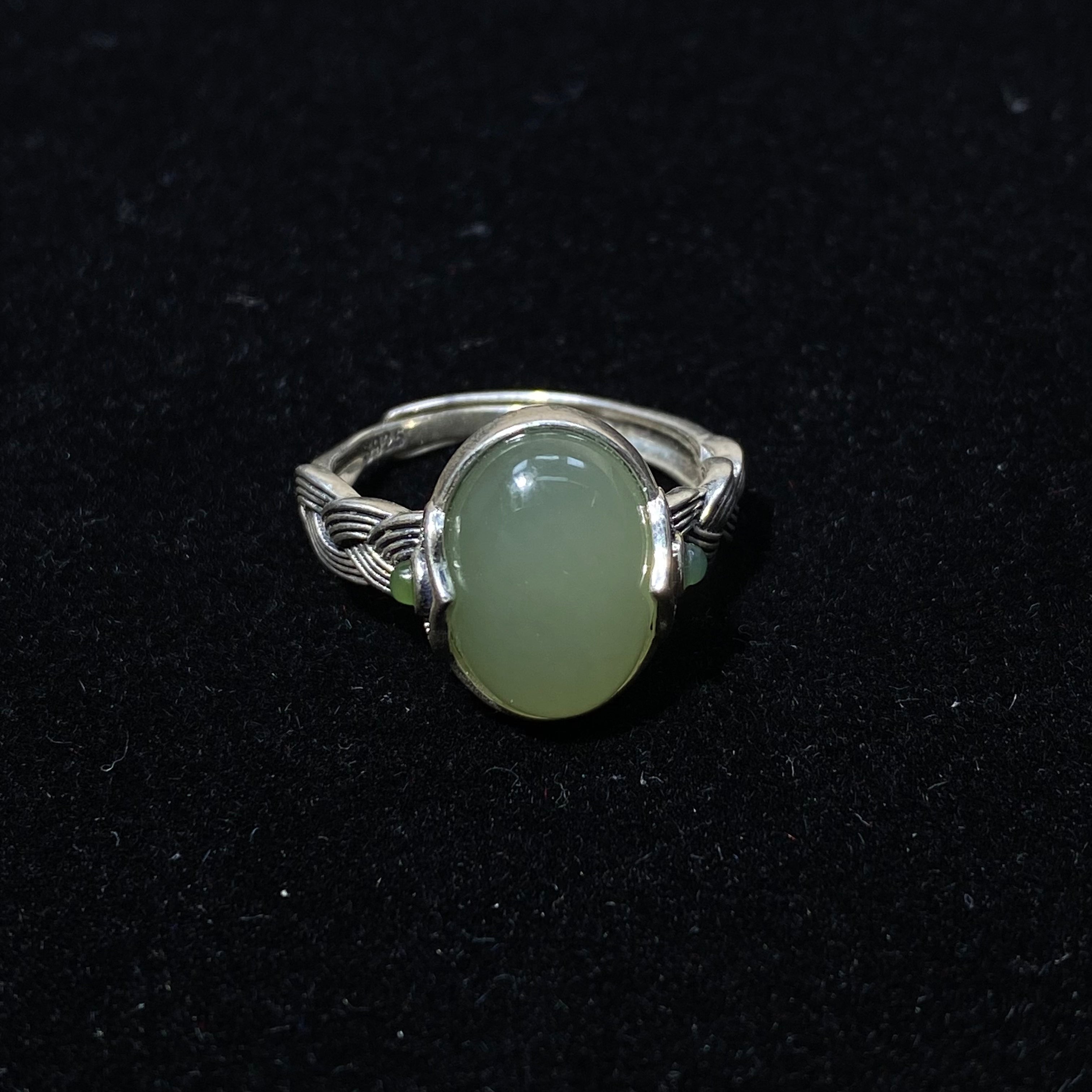 Natural Hetian Jade Light Green Oval S925 Adjustable Ring