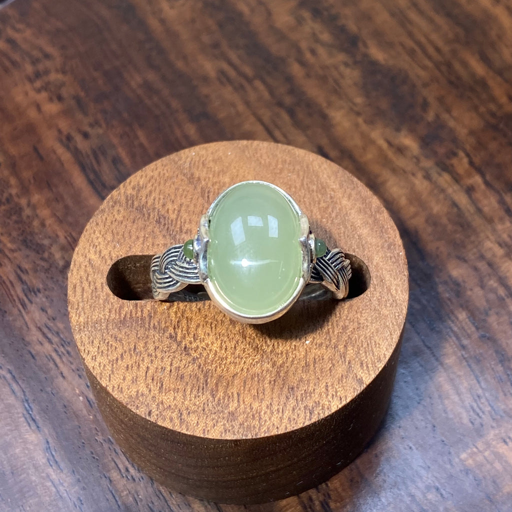 Natural Hetian Jade Light Green Oval S925 Adjustable Ring