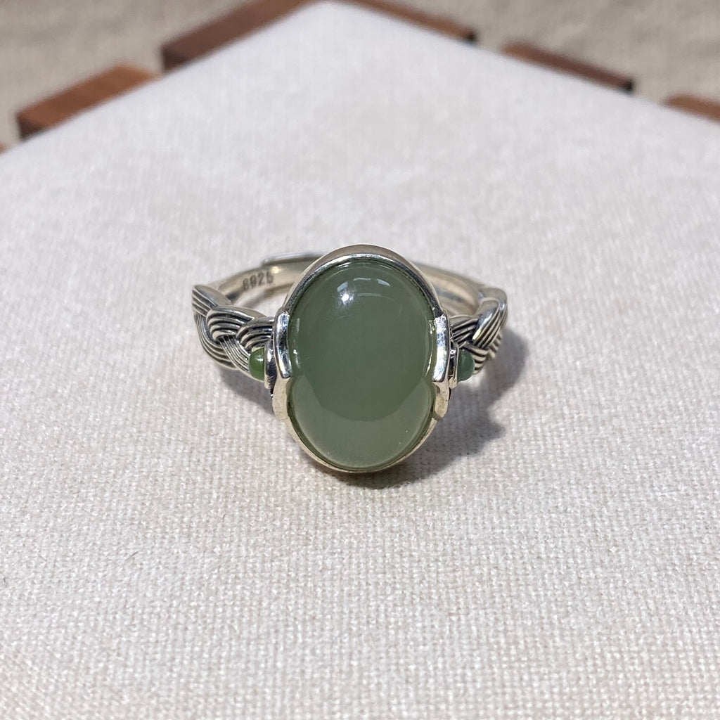 Natural Hetian Jade Light Green Oval S925 Adjustable Ring