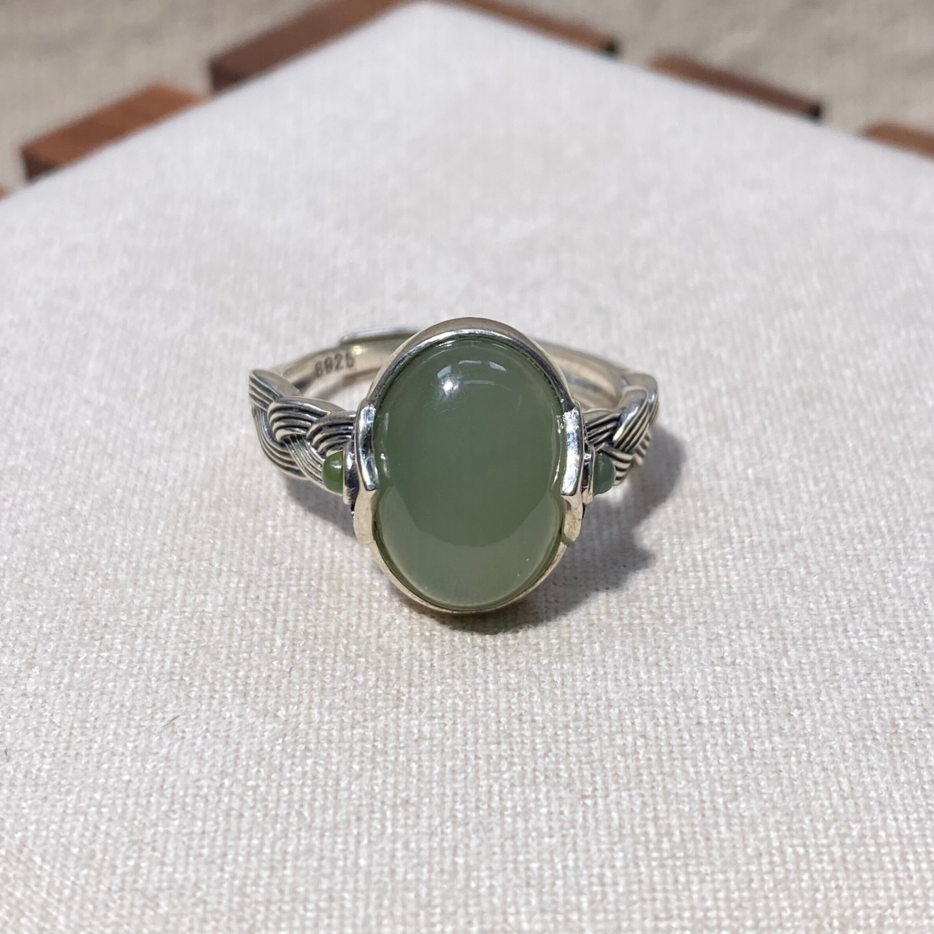 Natural Hetian Jade Light Green Oval S925 Adjustable Ring