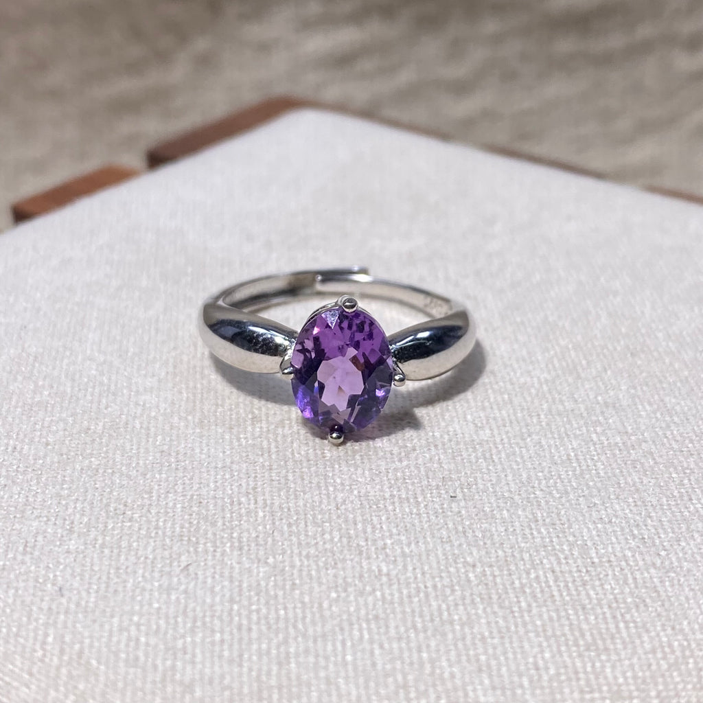 Natural Amethyst Oval Simple Silver Adjustable Ring