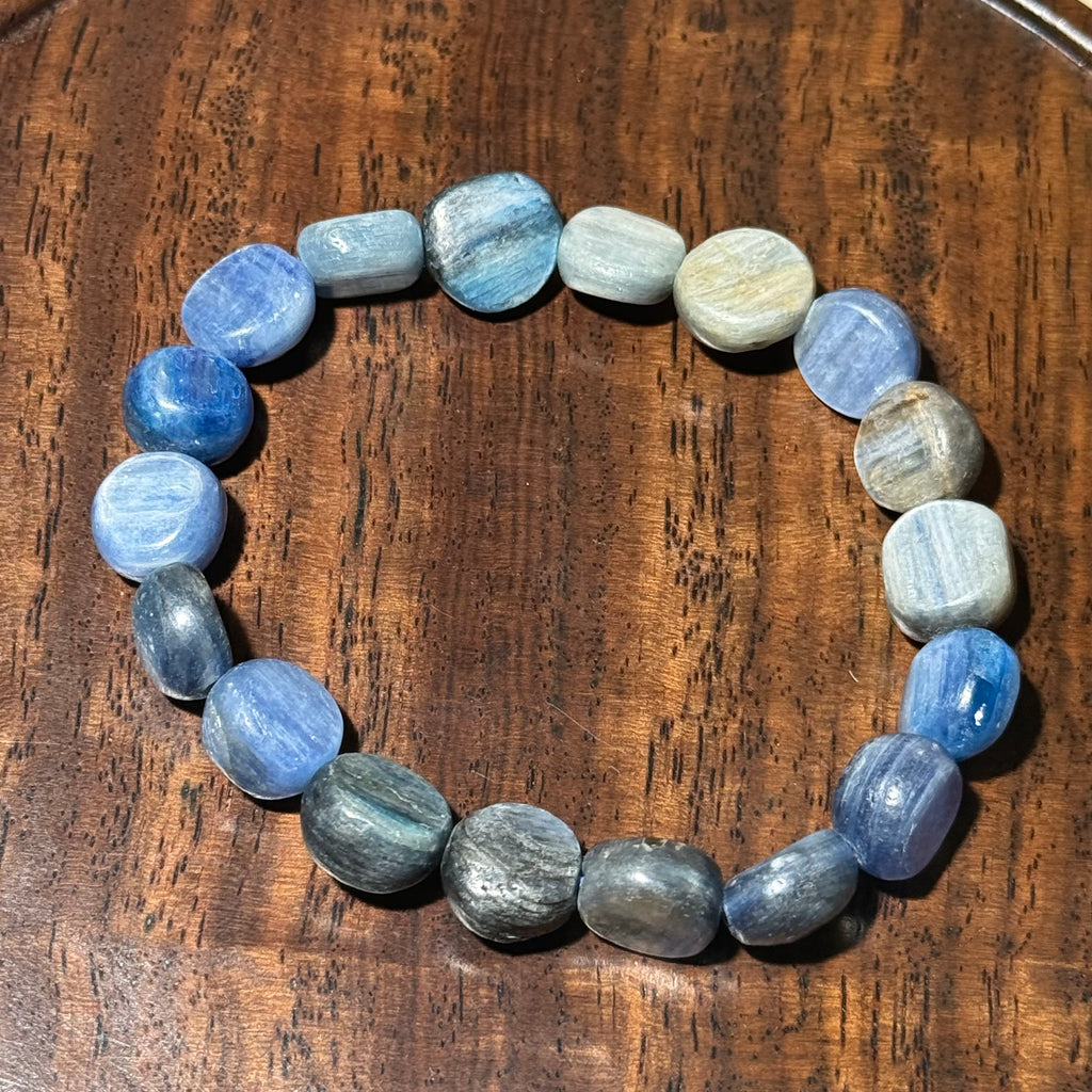 Natural Kyanite Flat Coin Tumbled Stretch Bracelet, Irregular Blue Kyanite Nugget Bead Bracelet