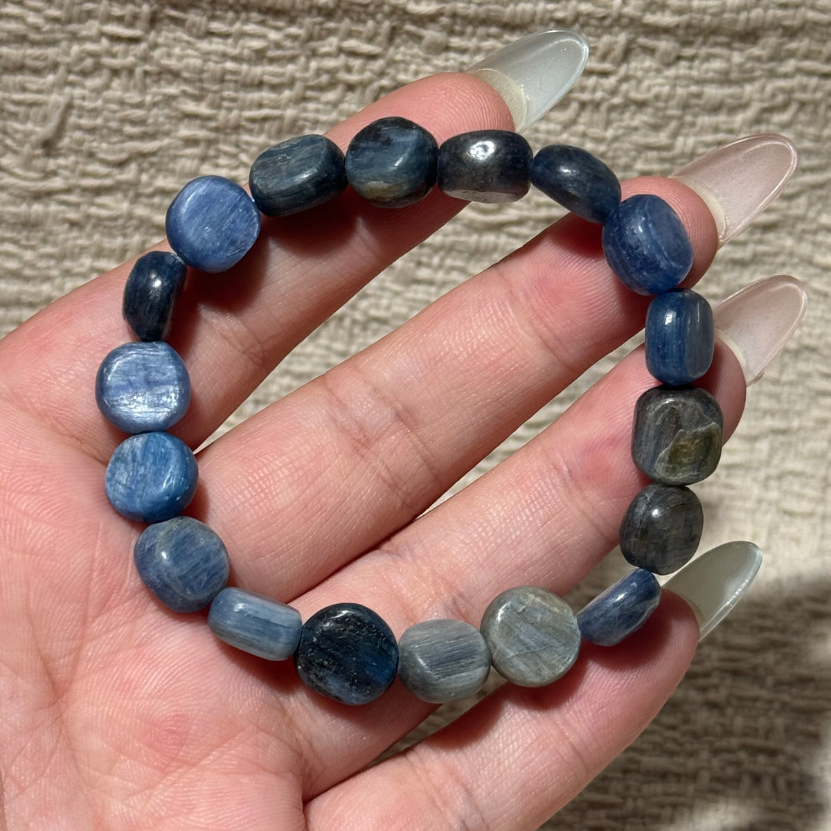 Natural Kyanite Flat Coin Tumbled Stretch Bracelet, Irregular Blue Kyanite Nugget Bead Bracelet