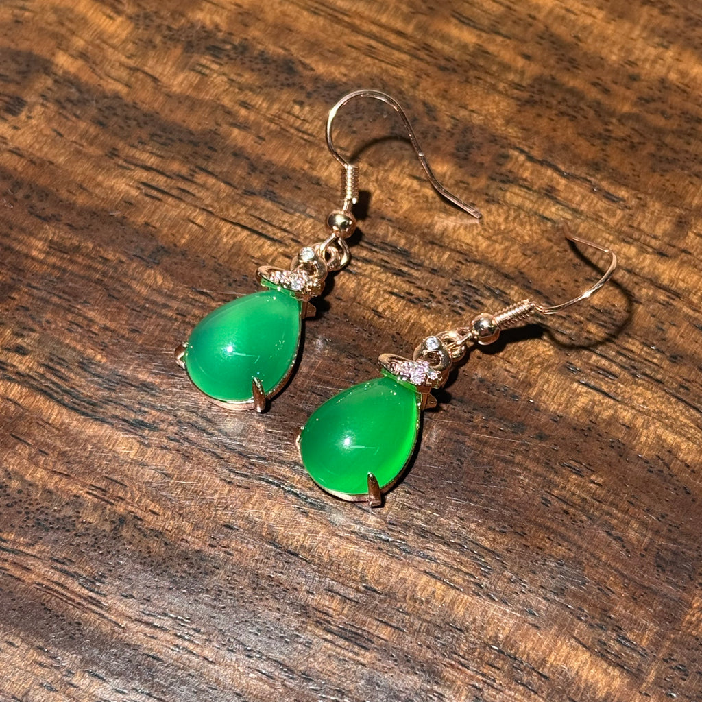 Green Chalcedony Teardrop Dangle Earrings Rose Gold Tone