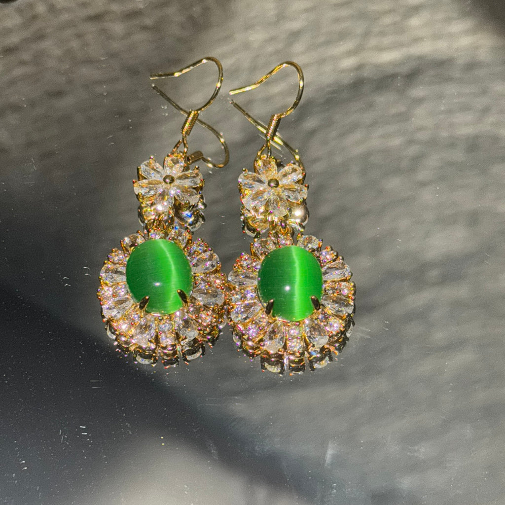 Vintage Natural Green Chalcedony Dangle Earrings Gold Tone Crystal Pave Setting