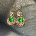 Vintage Natural Green Chalcedony Dangle Earrings Gold Tone Crystal Pave Setting