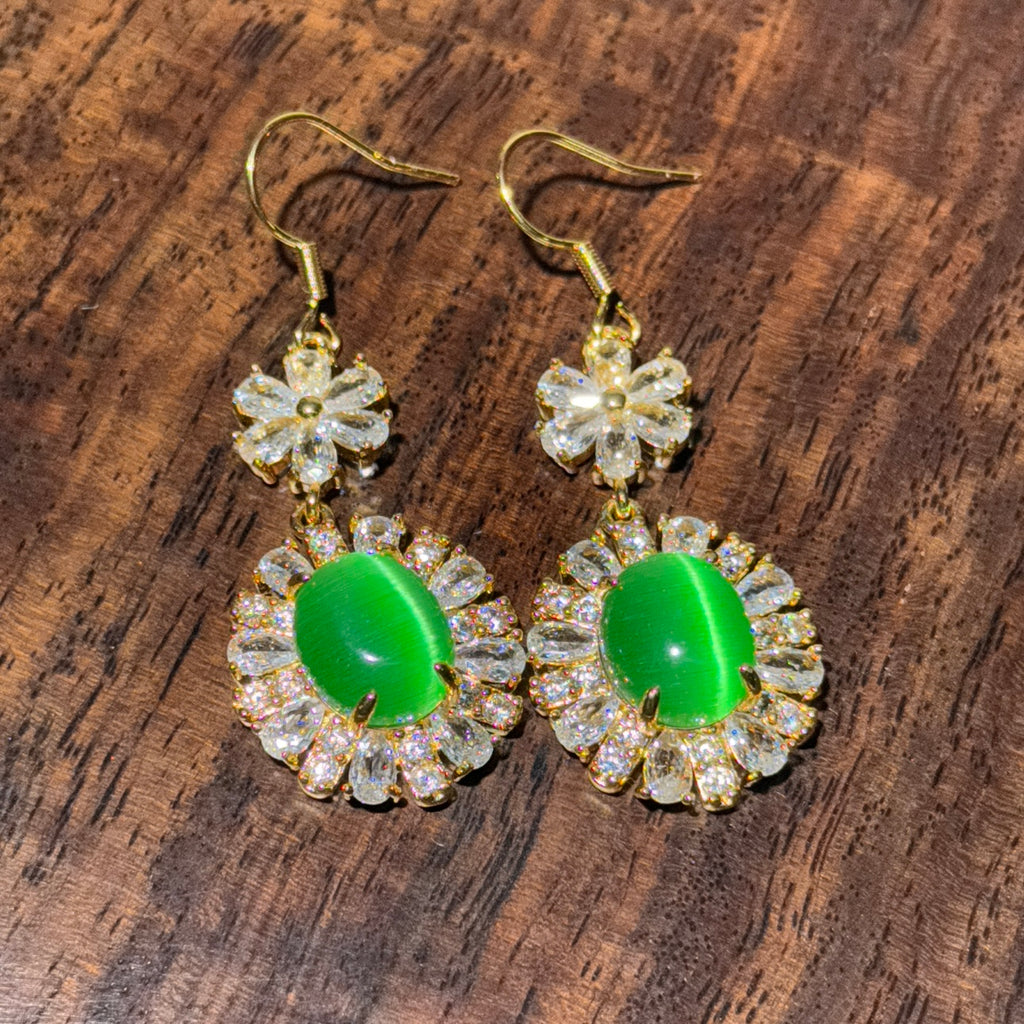 Vintage Natural Green Chalcedony Dangle Earrings Gold Tone Crystal Pave Setting