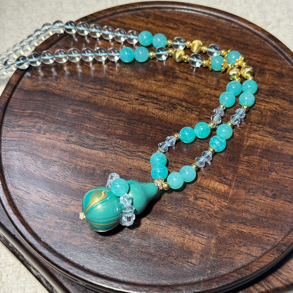 Hand‑Lacquered Gourd Pendant Necklace, Natural Amazonite & Glass Beaded Statement Necklace
