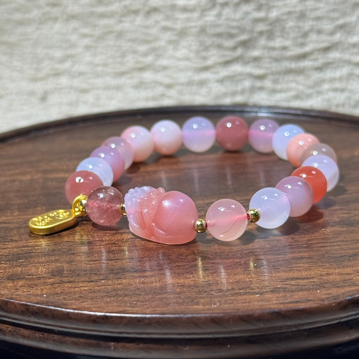 Yanyuan Agate Stretch Bracelet, Carved Pink Pixiu Charm Multicolor Round Bead Bracelet