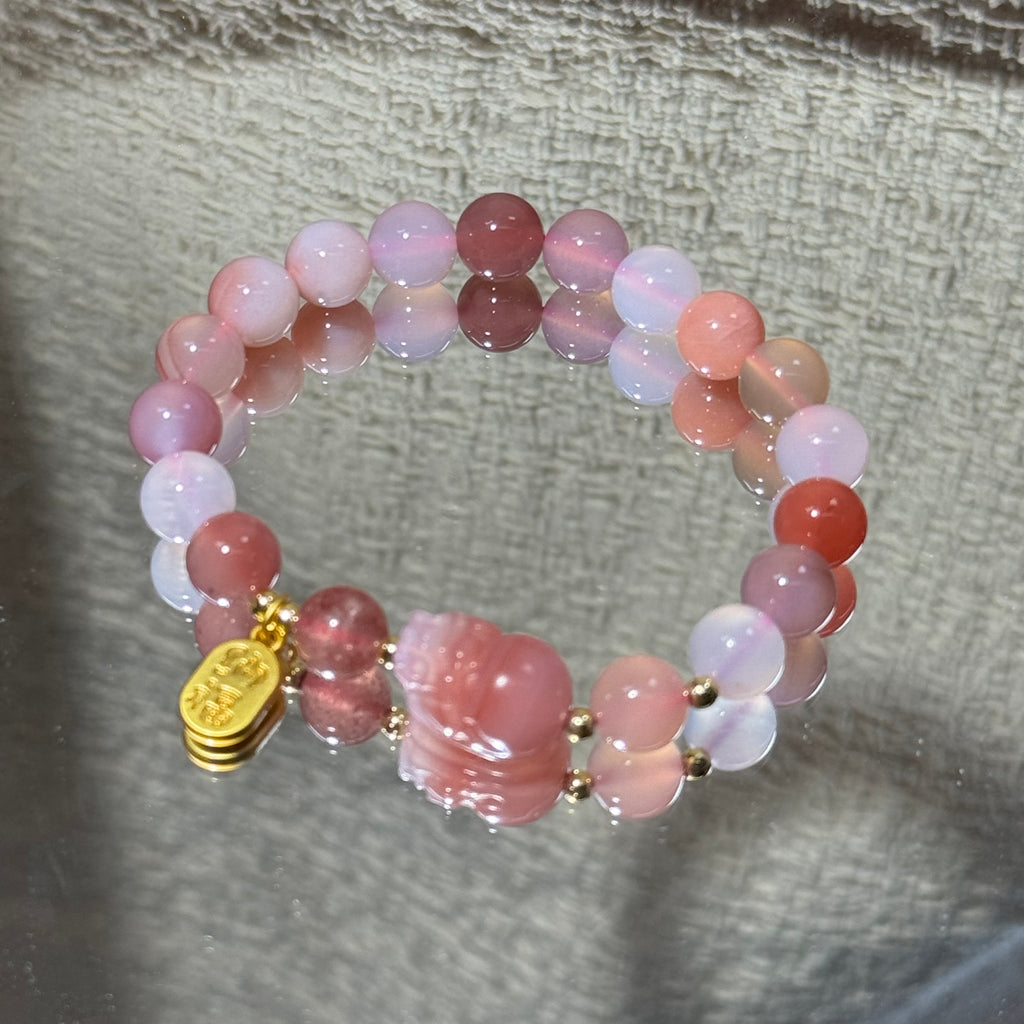 Yanyuan Agate Stretch Bracelet, Carved Pink Pixiu Charm Multicolor Round Bead Bracelet