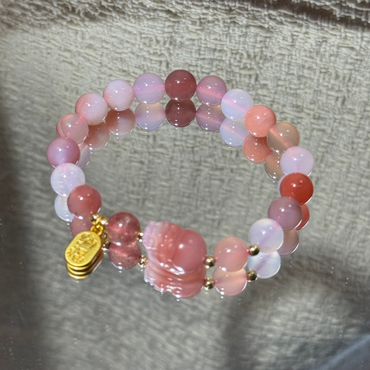 Yanyuan Agate Stretch Bracelet, Carved Pink Pixiu Charm Multicolor Round Bead Bracelet