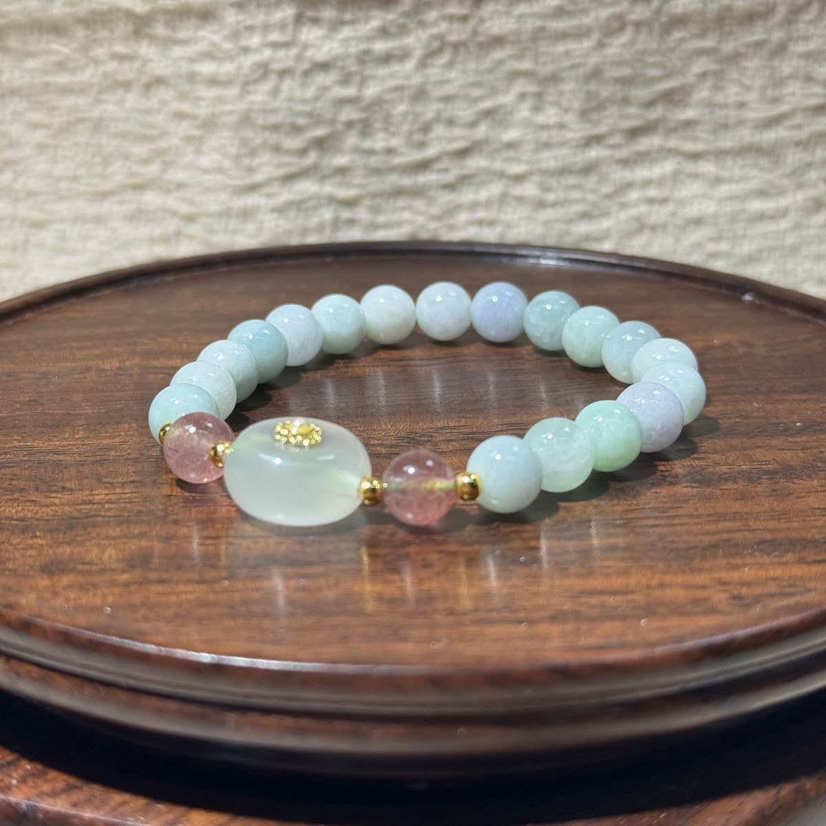 Natural Jadeite Stretch Bracelet, Peace Buckle Charm Pastel Green Round Bead Bracelet