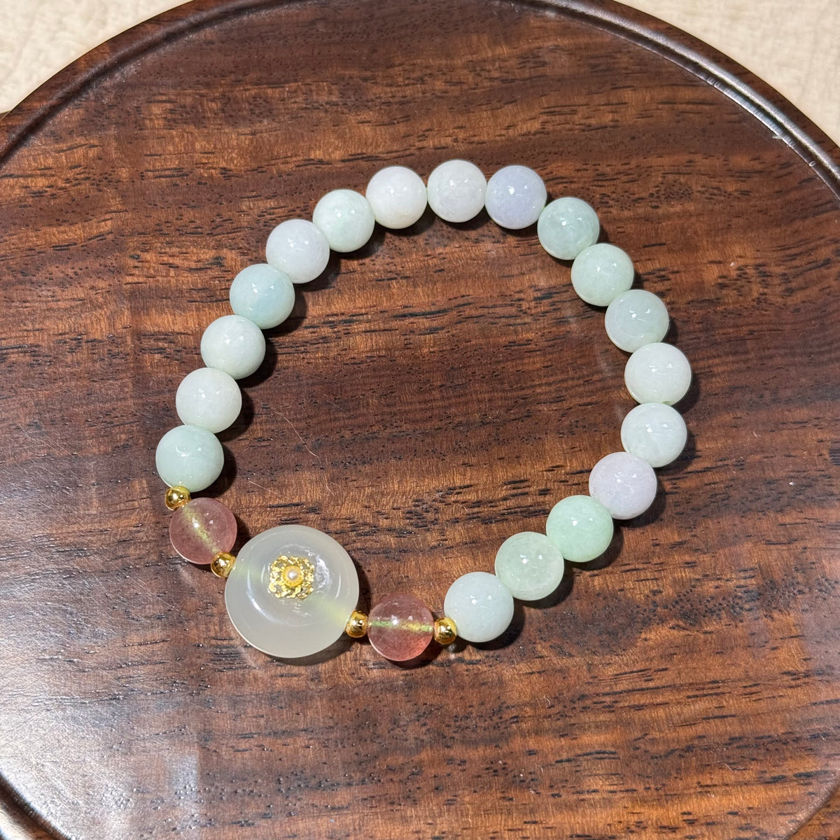 Natural Jadeite Stretch Bracelet, Peace Buckle Charm Pastel Green Round Bead Bracelet