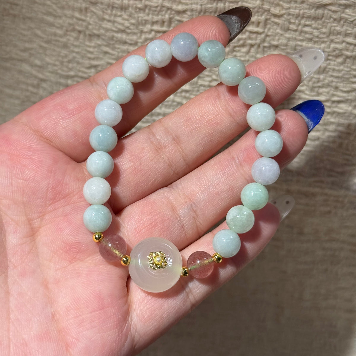 Natural Jadeite Stretch Bracelet, Peace Buckle Charm Pastel Green Round Bead Bracelet