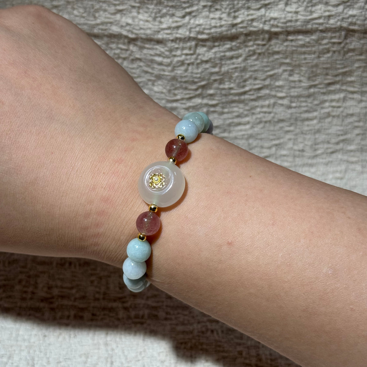 Natural Jadeite Stretch Bracelet, Peace Buckle Charm Pastel Green Round Bead Bracelet