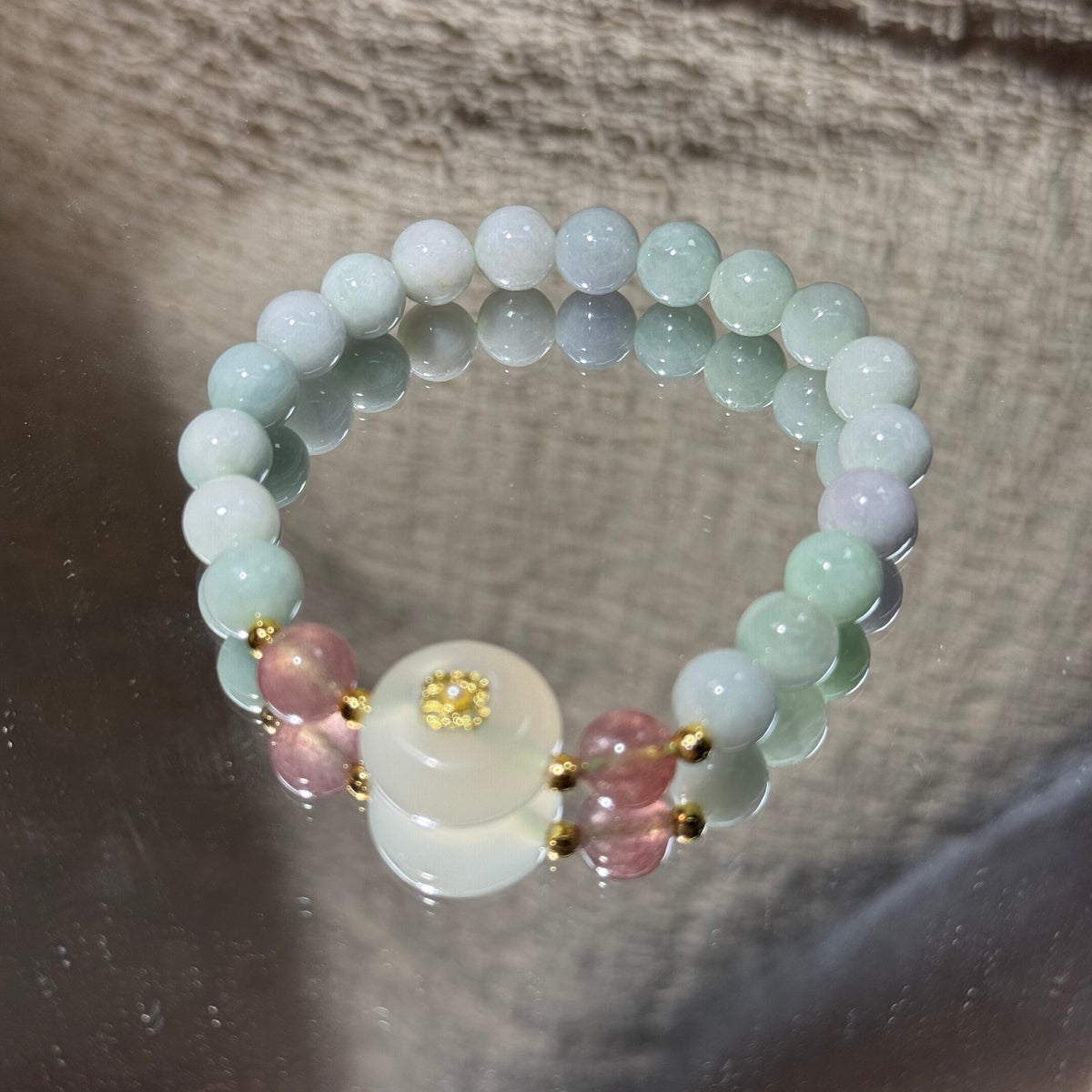Natural Jadeite Stretch Bracelet, Peace Buckle Charm Pastel Green Round Bead Bracelet