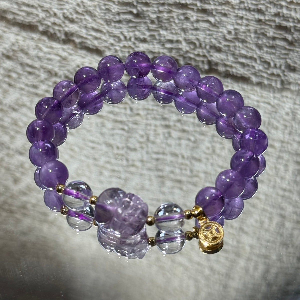 Natural Amethyst Stretch Bracelet, Carved Pixiu Charm Purple Round Bead Bracelet