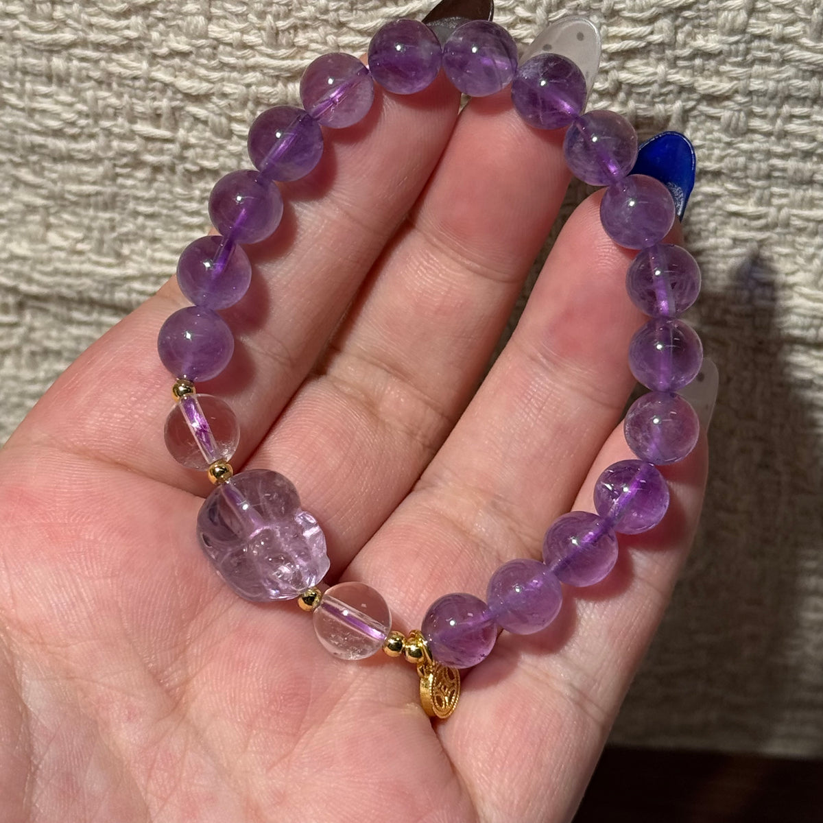 Natural Amethyst Stretch Bracelet, Carved Pixiu Charm Purple Round Bead Bracelet