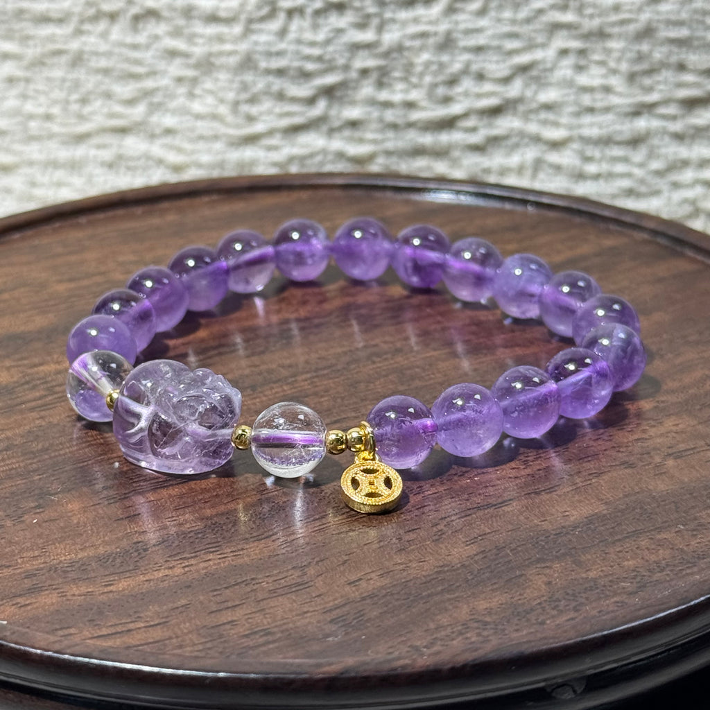 Natural Amethyst Stretch Bracelet, Carved Pixiu Charm Purple Round Bead Bracelet