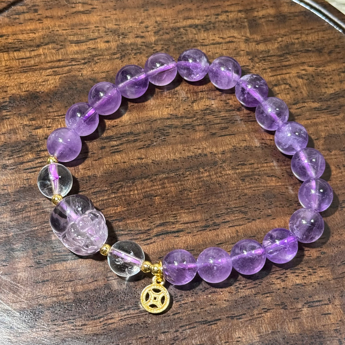 Natural Amethyst Stretch Bracelet, Carved Pixiu Charm Purple Round Bead Bracelet