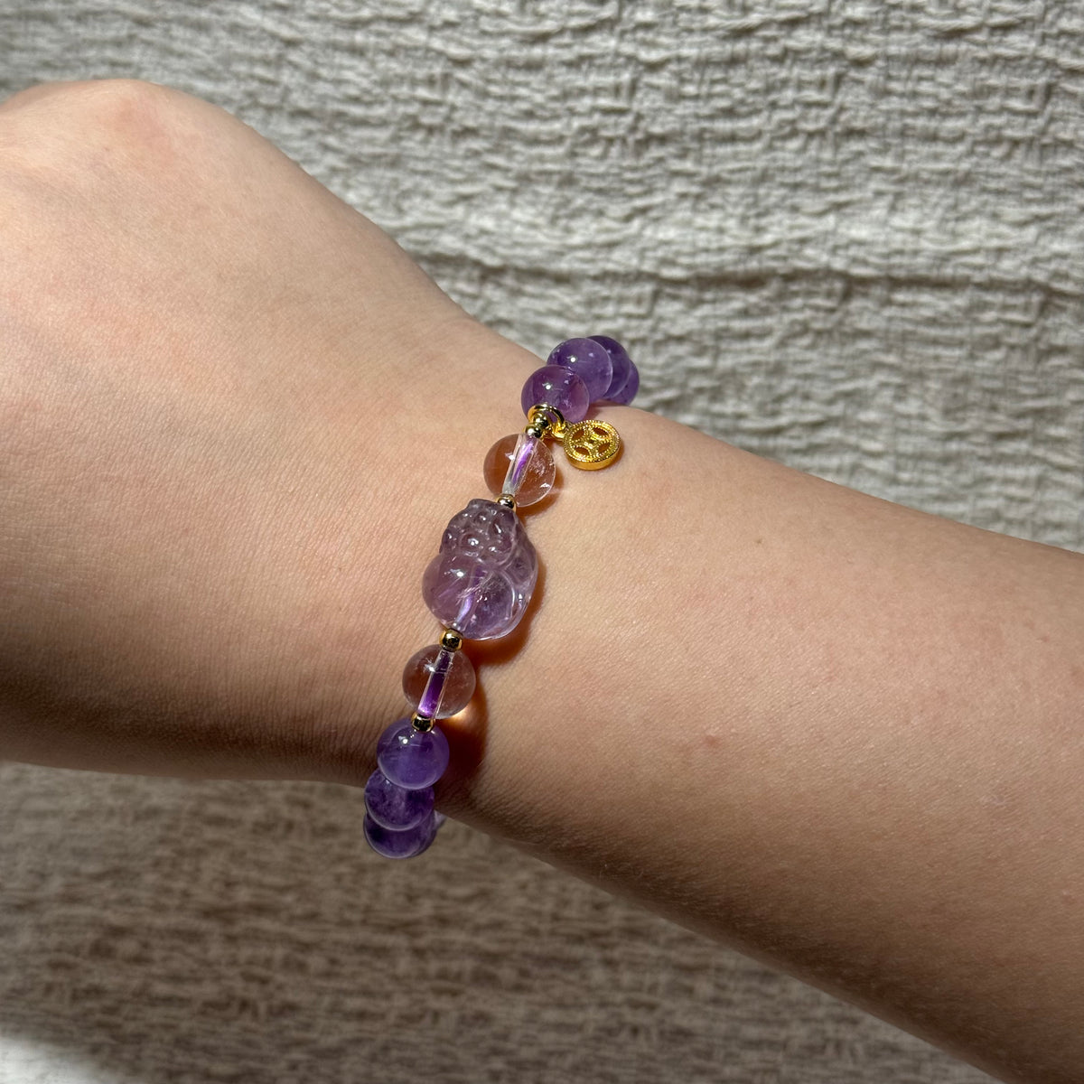 Natural Amethyst Stretch Bracelet, Carved Pixiu Charm Purple Round Bead Bracelet