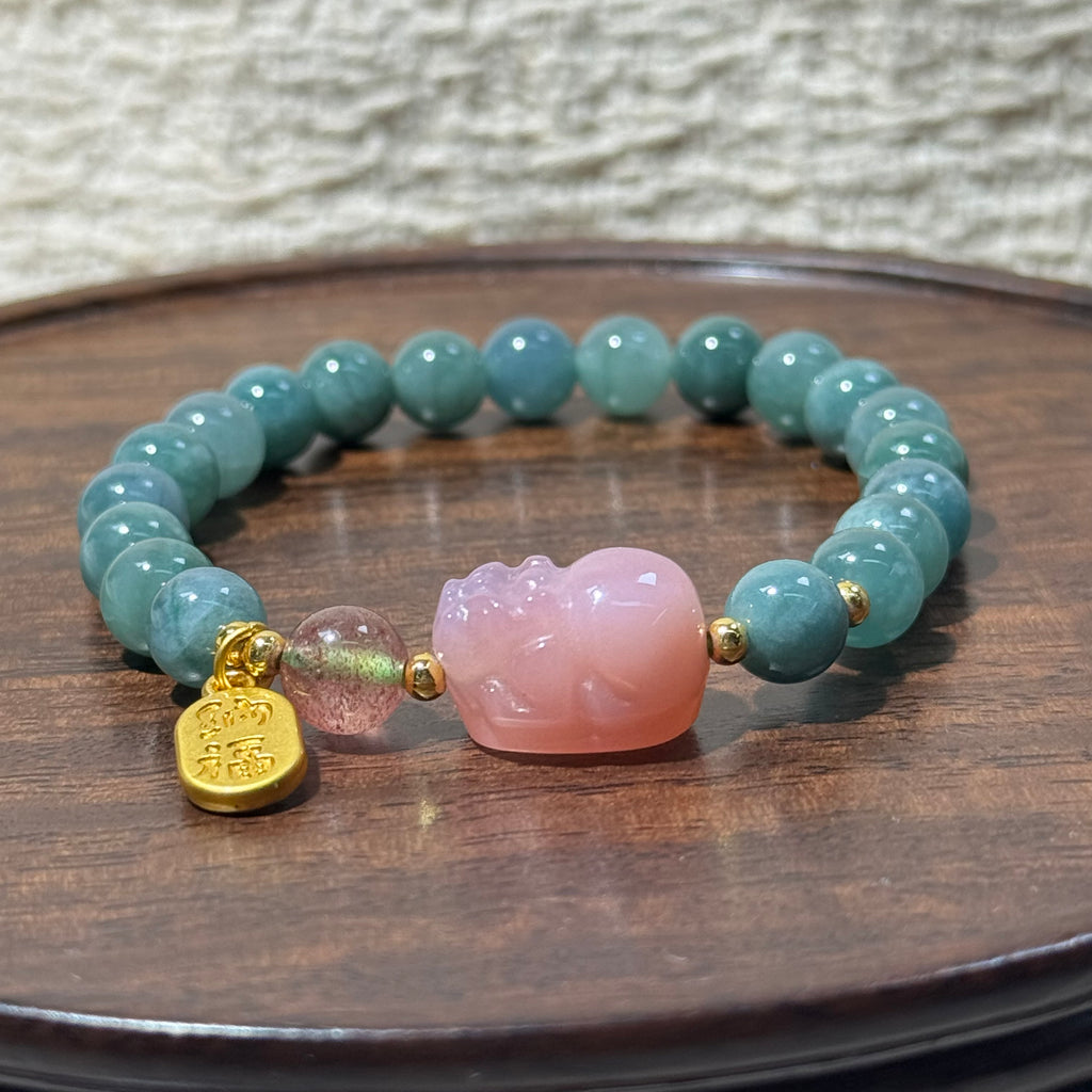 Natural Blue‑Green Jadeite Stretch Bracelet, Carved Pink Pixiu Charm Round Bead Bracelet